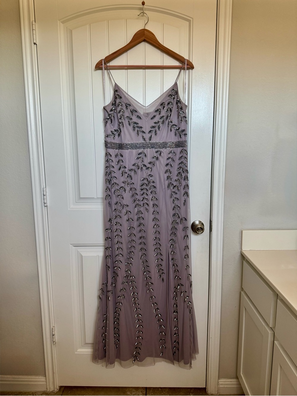 Adrianna Papell Lavender Beaded Spaghetti-Strap Evening Dress (Altered length)